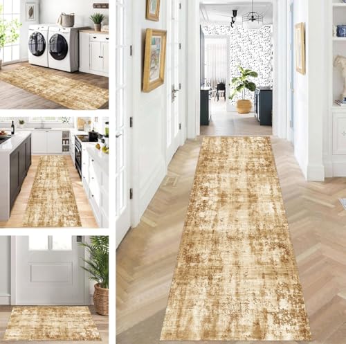 ZUZEKU Abstrakte Läufer Flur Küche Waschbar rutschfest Korridor Teppichmatten 110X500cm Lang Braun Küchenteppich Flurteppich Läufer Schlafzimmer Esszimmer Polyester Teppichläufer Meterware Anpassbar von ZUZEKU