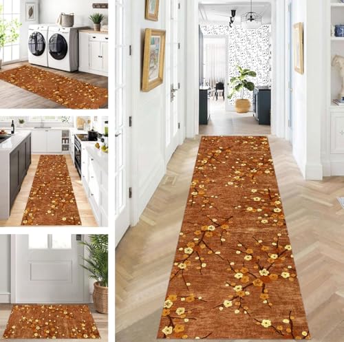 ZUZEKU Abstrakte Läufer Flur Küche Waschbar rutschfest Korridor Teppichmatten 110X500cm Lang Braun Küchenteppich Flurteppich Läufer Schlafzimmer Esszimmer Polyester Teppichläufer Meterware Anpassbar von ZUZEKU