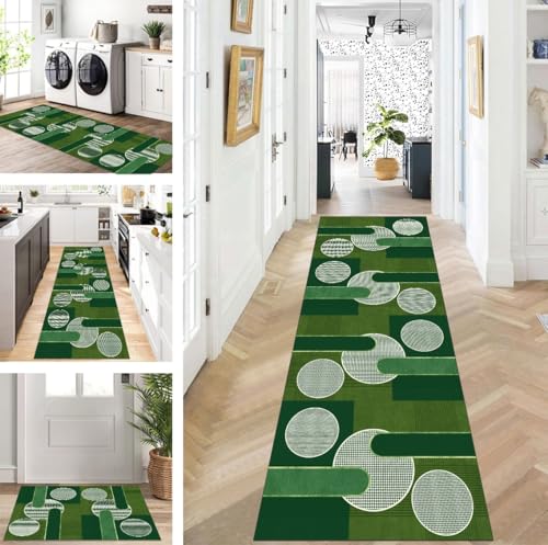 ZUZEKU Abstrakte Läufer Flur Küche Waschbar rutschfest Korridor Teppichmatten 120X350cm Grün Lang Küchenteppich Flurteppich Läufer Schlafzimmer Esszimmer Polyester Teppichläufer Meterware Anpassbar von ZUZEKU