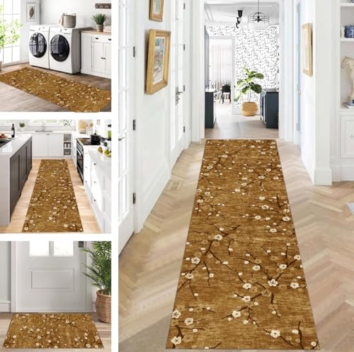 ZUZEKU Abstrakte Läufer Flur Küche Waschbar rutschfest Korridor Teppichmatten 120X400cm Lang Braun Küchenteppich Flurteppich Läufer Schlafzimmer Esszimmer Polyester Teppichläufer Meterware Anpassbar von ZUZEKU