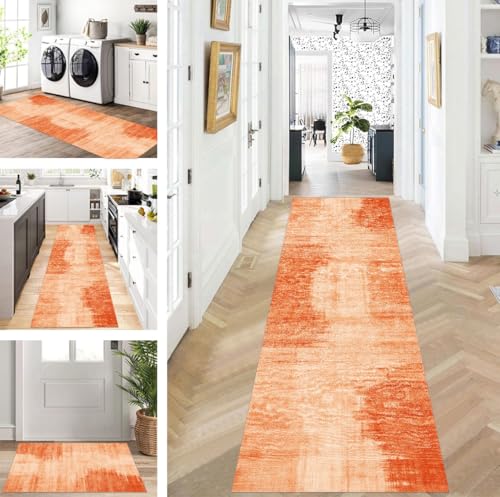 ZUZEKU Abstrakte Läufer Flur Küche Waschbar rutschfest Korridor Teppichmatten 40X180cm Lang Orange Küchenteppich Flurteppich Läufer Schlafzimmer Esszimmer Polyester Teppichläufer Meterware Anpassbar von ZUZEKU