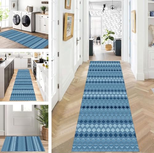 ZUZEKU Abstrakte Läufer Flur Küche Waschbar rutschfest Korridor Teppichmatten 40X200cm Lang Blau Küchenteppich Flurteppich Läufer Schlafzimmer Esszimmer Polyester Teppichläufer Meterware Anpassbar von ZUZEKU