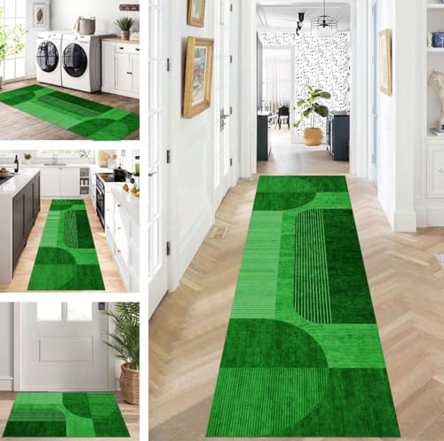 ZUZEKU Abstrakte Läufer Flur Küche Waschbar rutschfest Korridor Teppichmatten 40X450cm Grün Lang Küchenteppich Flurteppich Läufer Schlafzimmer Esszimmer Polyester Teppichläufer Meterware Anpassbar von ZUZEKU