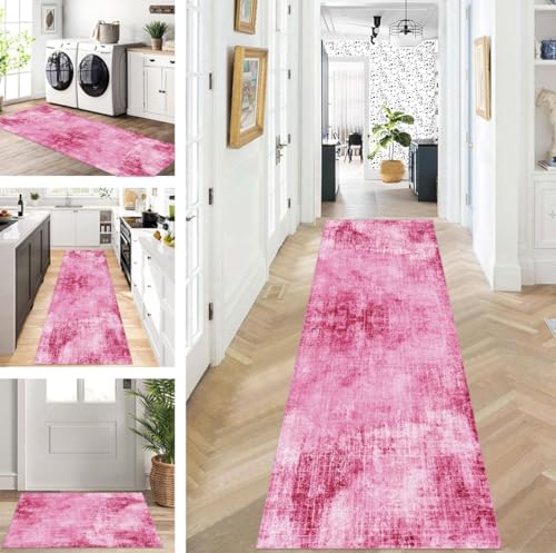 ZUZEKU Abstrakte Läufer Flur Küche Waschbar rutschfest Korridor Teppichmatten 40X500cm Lang Rosa Küchenteppich Flurteppich Läufer Schlafzimmer Esszimmer Polyester Teppichläufer Meterware Anpassbar von ZUZEKU