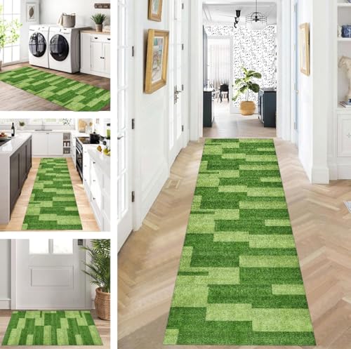ZUZEKU Abstrakte Läufer Flur Küche Waschbar rutschfest Korridor Teppichmatten 60X170cm Lang Grün Küchenteppich Flurteppich Läufer Schlafzimmer Esszimmer Polyester Teppichläufer Meterware Anpassbar von ZUZEKU
