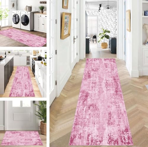 ZUZEKU Abstrakte Läufer Flur Küche Waschbar rutschfest Korridor Teppichmatten 60X250cm Lang Rosa Küchenteppich Flurteppich Läufer Schlafzimmer Esszimmer Polyester Teppichläufer Meterware Anpassbar von ZUZEKU