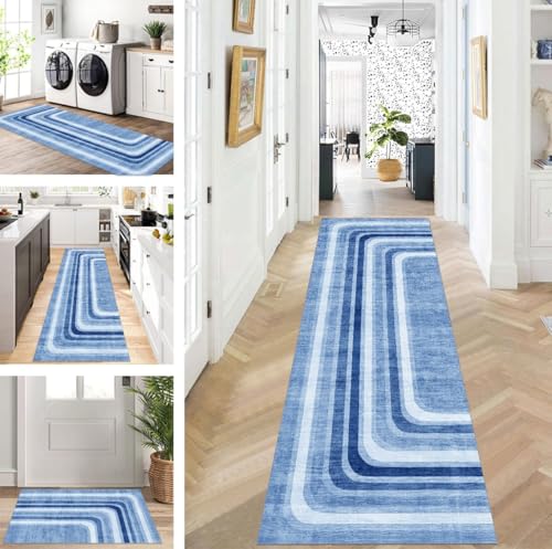 ZUZEKU Abstrakte Läufer Flur Küche Waschbar rutschfest Korridor Teppichmatten 60X80cm Lang Blau Küchenteppich Flurteppich Läufer Schlafzimmer Esszimmer Polyester Teppichläufer Meterware Anpassbar von ZUZEKU