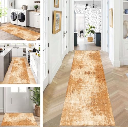 ZUZEKU Abstrakte Läufer Flur Küche Waschbar rutschfest Korridor Teppichmatten 70X400cm Lang Braun Küchenteppich Flurteppich Läufer Schlafzimmer Esszimmer Polyester Teppichläufer Meterware Anpassbar von ZUZEKU