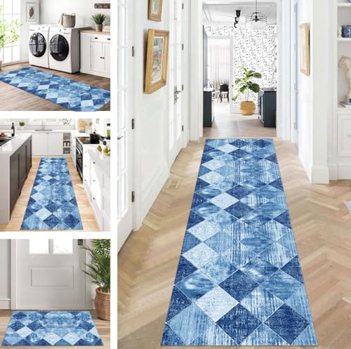 ZUZEKU Abstrakte Läufer Flur Küche Waschbar rutschfest Korridor Teppichmatten 80X140cm Lang Blau Küchenteppich Flurteppich Läufer Schlafzimmer Esszimmer Polyester Teppichläufer Meterware Anpassbar von ZUZEKU