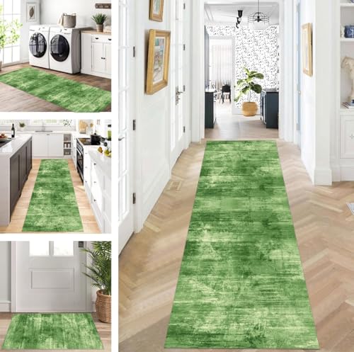 ZUZEKU Abstrakte Läufer Flur Küche Waschbar rutschfest Korridor Teppichmatten 90X220cm Lang Grün Küchenteppich Flurteppich Läufer Schlafzimmer Esszimmer Polyester Teppichläufer Meterware Anpassbar von ZUZEKU