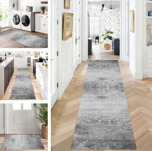 ZUZEKU Abstrakte Läufer Flur Küche Waschbar rutschfest Korridor Teppichmatten 90X350cm Lang Grau Küchenteppich Flurteppich Läufer Schlafzimmer Esszimmer Polyester Teppichläufer Meterware Anpassbar von ZUZEKU