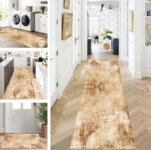ZUZEKU Abstrakte Läufer Flur Küche Waschbar rutschfest Korridor Teppichmatten 90X450cm Lang Braun Küchenteppich Flurteppich Läufer Schlafzimmer Esszimmer Polyester Teppichläufer Meterware Anpassbar von ZUZEKU