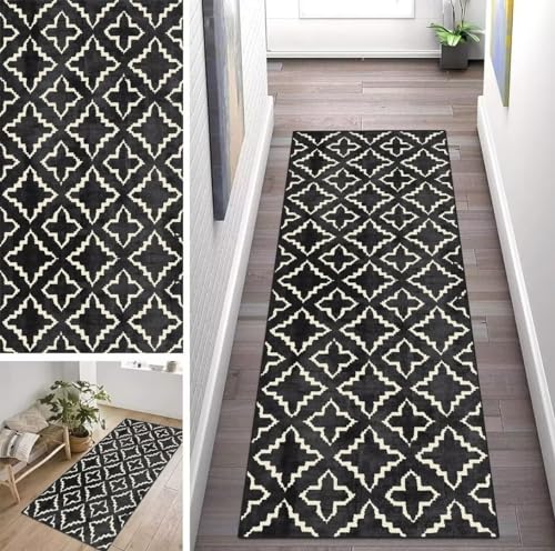 ZUZEKU Abstrakte Schwarz Läufer Flur Küche Waschbar rutschfest 120X180cm Vintage Lang Küchenteppich Flurteppich Teppich Fur Korridor Wohnzimmer Schlafzimmer Meterware Anpassbar von ZUZEKU