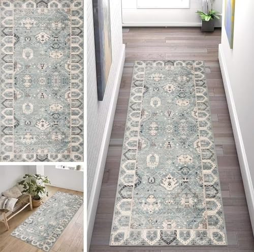 ZUZEKU Boho Blau Läufer Flur Küche Waschbar rutschfest 120X500cm Lang Klassisch Vintage Küchenteppich Flurteppich Teppich Fur Korridor Wohnzimmer Schlafzimmer Meterware Anpassbar von ZUZEKU