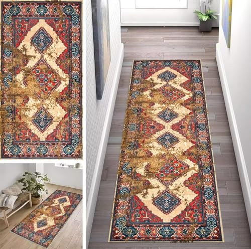 ZUZEKU Boho Läufer Flur Küche Waschbar rutschfest 80X500cm Marokko Rot Bunt Vintage Lang Küchenteppich Flurteppich Teppich Fur Korridor Wohnzimmer Schlafzimmer Meterware Anpassbar von ZUZEKU