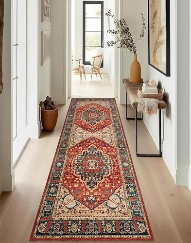 ZUZEKU Boho Läufer Flur Küche Waschbar rutschfest 80X500cm Rot Grün Lang Küchenteppich Flurteppich Teppich Fur Korridor Wohnzimmer Schlafzimmer Meterware Anpassbar von ZUZEKU