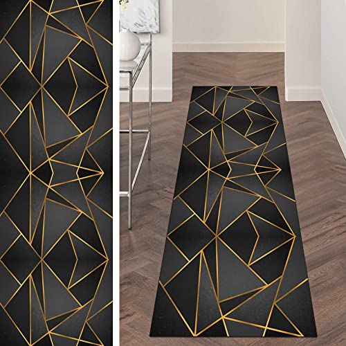 ZUZEKU Kücheläufer Teppich Läufer Flur Schwarz Gold rutschfest Moderne Waschbar Korridor Teppichläufer Flur Küche Teppich für Schlafzimmer Esszimmer Polyester Meterware Anpassbar von ZUZEKU