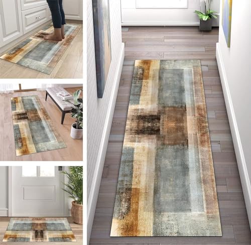 ZUZEKU Küchenläufer Waschbar rutschfest Braun Grau 50x120cm Flurläufer Korridor Teppichläufer Küchenteppich Schlafzimmer Esszimmer Polyester Meterware Anpassbar von ZUZEKU