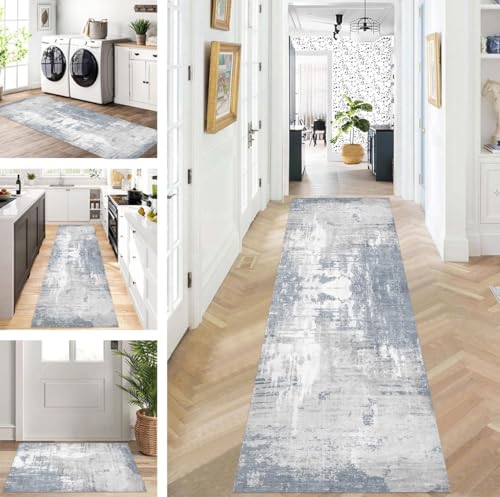 ZUZEKU Läufer Flur Küche Waschbar rutschfest 100X100cm Lang Grau Blau Küchenteppich Flurteppich Teppich Fur Korridor Wohnzimmer Schlafzimmer Meterware Anpassbar von ZUZEKU
