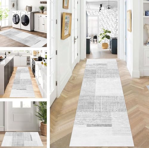 ZUZEKU Läufer Flur Küche Waschbar rutschfest 100X300cm Lang Grau Küchenteppich Flurteppich Teppich Fur Korridor Wohnzimmer Schlafzimmer Meterware Anpassbar von ZUZEKU