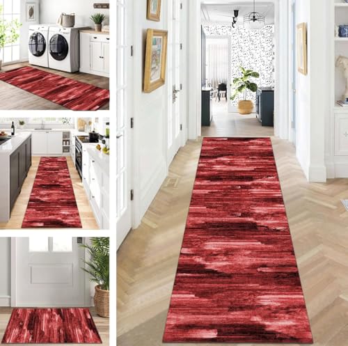ZUZEKU Läufer Flur Küche Waschbar rutschfest 100X350cm Rot Lang Küchenteppich Flurteppich Teppich Fur Korridor Wohnzimmer Schlafzimmer Meterware Anpassbar von ZUZEKU