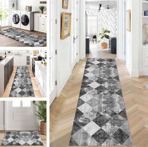 ZUZEKU Läufer Flur Küche Waschbar rutschfest 100X500cm Lang Schwarz Grau Küchenteppich Flurteppich Teppich Fur Korridor Wohnzimmer Schlafzimmer Meterware Anpassbar von ZUZEKU