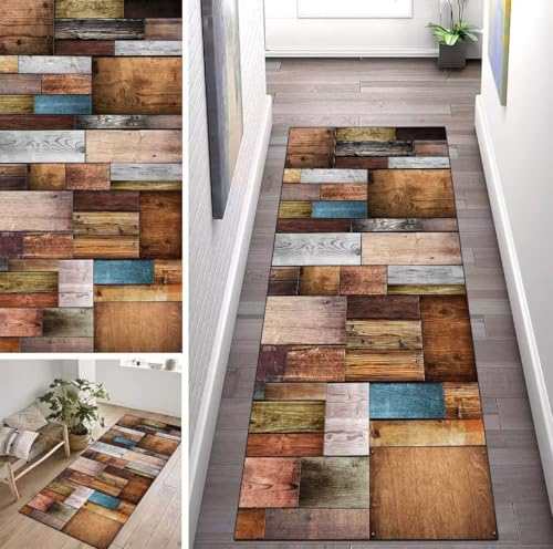 ZUZEKU Läufer Flur Küche Waschbar rutschfest 110X200cm Bunt Holzmaserung Lang Küchenteppich Flurteppich Teppich Fur Korridor Wohnzimmer Schlafzimmer Meterware Anpassbar von ZUZEKU