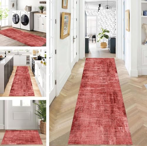 ZUZEKU Läufer Flur Küche Waschbar rutschfest 110X400cm Lang Rot Küchenteppich Flurteppich Teppich Fur Korridor Wohnzimmer Schlafzimmer Meterware Anpassbar von ZUZEKU