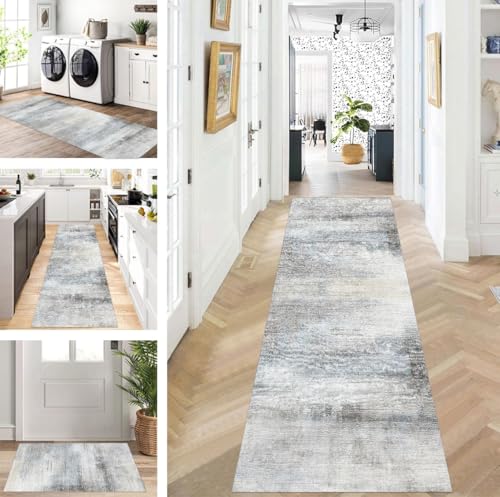 ZUZEKU Läufer Flur Küche Waschbar rutschfest 110X500cm Lang Grau Blau Küchenteppich Flurteppich Teppich Fur Korridor Wohnzimmer Schlafzimmer Meterware Anpassbar von ZUZEKU