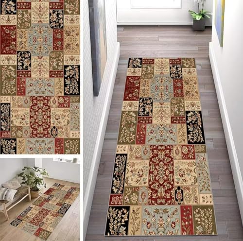 ZUZEKU Läufer Flur Küche Waschbar rutschfest 110X500cm Vintage Marokko Boho Style Bunt Lang Küchenteppich Flurteppich Teppich Fur Korridor Wohnzimmer Schlafzimmer Meterware Anpassbar von ZUZEKU