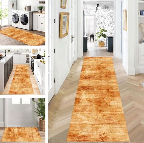 ZUZEKU Läufer Flur Küche Waschbar rutschfest 120X150cm Lang Orange Braun Küchenteppich Flurteppich Teppich Fur Korridor Wohnzimmer Schlafzimmer Meterware Anpassbar von ZUZEKU
