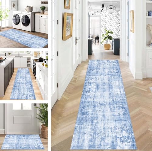 ZUZEKU Läufer Flur Küche Waschbar rutschfest 120X300cm Lang Grau Blau Küchenteppich Flurteppich Teppich Fur Korridor Wohnzimmer Schlafzimmer Meterware Anpassbar von ZUZEKU