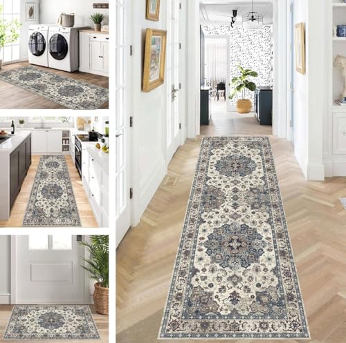 ZUZEKU Läufer Flur Küche Waschbar rutschfest 120X400cm Lang Boho Grau Blau Küchenteppich Flurteppich Teppich Fur Korridor Wohnzimmer Schlafzimmer Meterware Anpassbar von ZUZEKU