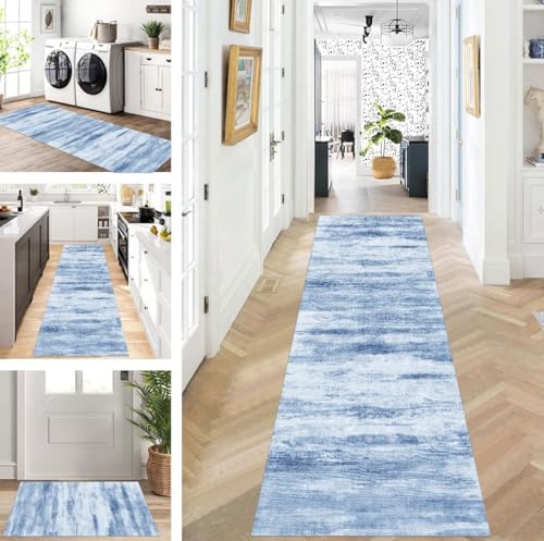 ZUZEKU Läufer Flur Küche Waschbar rutschfest 120X550cm Lang Blau Küchenteppich Flurteppich Teppich Fur Korridor Wohnzimmer Schlafzimmer Meterware Anpassbar von ZUZEKU