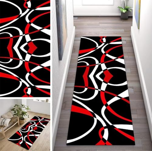 ZUZEKU Läufer Flur Küche Waschbar rutschfest 40X80cm Marokko Style Schwarz Weiß und Rot Lang Küchenteppich Flurteppich Teppich Fur Korridor Wohnzimmer Schlafzimmer Meterware Anpassbar von ZUZEKU