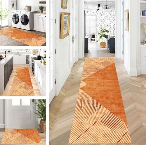 ZUZEKU Läufer Flur Küche Waschbar rutschfest 50X100cm Lang Orange Küchenteppich Flurteppich Teppich Fur Korridor Wohnzimmer Schlafzimmer Meterware Anpassbar von ZUZEKU