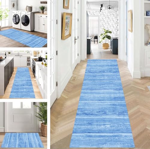 ZUZEKU Läufer Flur Küche Waschbar rutschfest 50X200cm Lang Blau Küchenteppich Flurteppich Teppich Fur Korridor Wohnzimmer Schlafzimmer Meterware Anpassbar von ZUZEKU