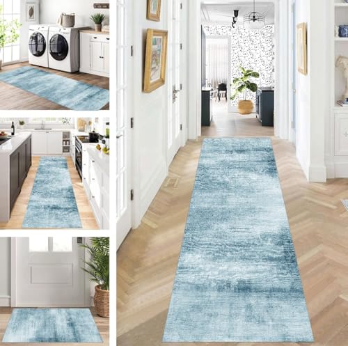 ZUZEKU Läufer Flur Küche Waschbar rutschfest 50X60cm Lang Grau hellblau Küchenteppich Flurteppich Teppich Fur Korridor Wohnzimmer Schlafzimmer Meterware Anpassbar von ZUZEKU