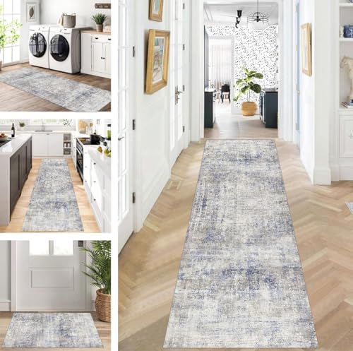 ZUZEKU Läufer Flur Küche Waschbar rutschfest 60X180cm Lang Grau Blau Küchenteppich Flurteppich Teppich Fur Korridor Wohnzimmer Schlafzimmer Meterware Anpassbar von ZUZEKU