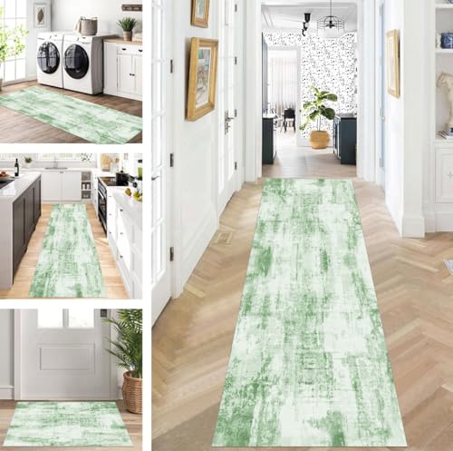 ZUZEKU Läufer Flur Küche Waschbar rutschfest 60X200cm Lang Grün Küchenteppich Flurteppich Teppich Fur Korridor Wohnzimmer Schlafzimmer Meterware Anpassbar von ZUZEKU