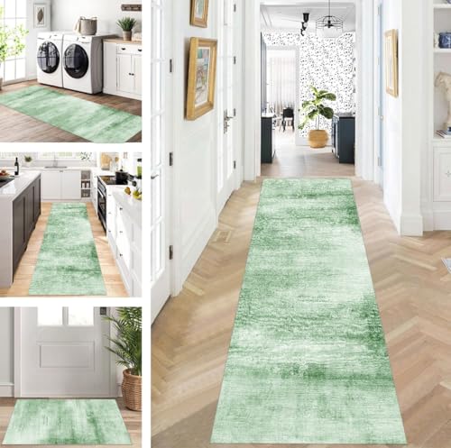 ZUZEKU Läufer Flur Küche Waschbar rutschfest 60X200cm Lang Grün Küchenteppich Flurteppich Teppich Fur Korridor Wohnzimmer Schlafzimmer Meterware Anpassbar von ZUZEKU