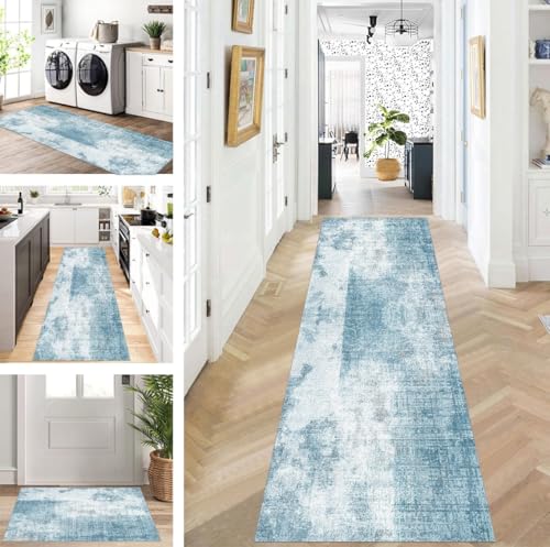 ZUZEKU Läufer Flur Küche Waschbar rutschfest 60X350cm Lang Blau Küchenteppich Flurteppich Teppich Fur Korridor Wohnzimmer Schlafzimmer Meterware Anpassbar von ZUZEKU
