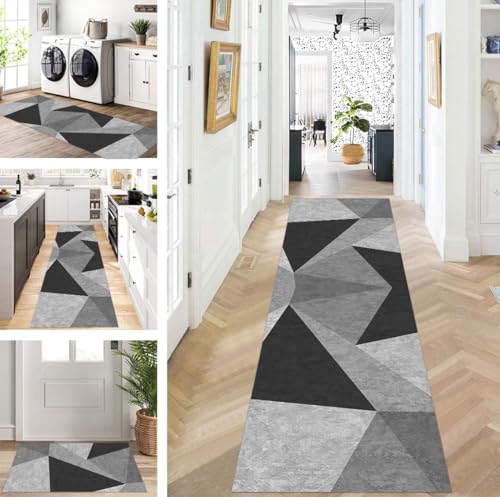 ZUZEKU Läufer Flur Küche Waschbar rutschfest 60X80cm Lang Schwarz Grau Küchenteppich Flurteppich Teppich Fur Korridor Wohnzimmer Schlafzimmer Meterware Anpassbar von ZUZEKU