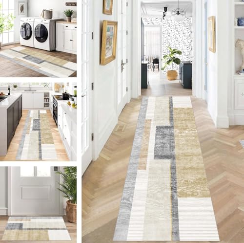 ZUZEKU Läufer Flur Küche Waschbar rutschfest 70X500cm Lang Grau Beige Braun Gold Küchenteppich Flurteppich Teppich Fur Korridor Wohnzimmer Schlafzimmer Meterware Anpassbar von ZUZEKU