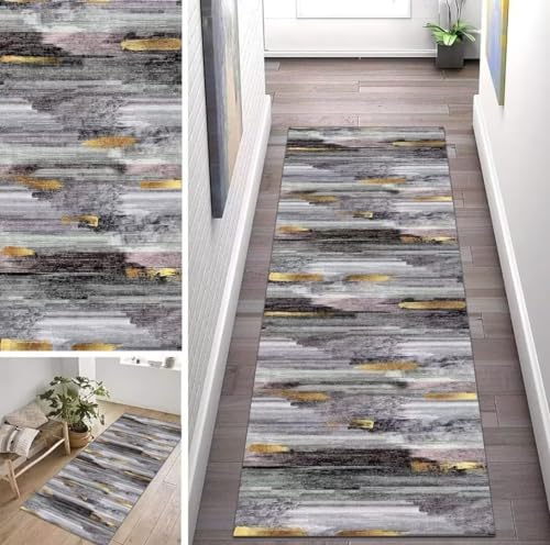 ZUZEKU Läufer Flur Küche Waschbar rutschfest 80X300cm Grau Gold Schwarz Lang Küchenteppich Flurteppich Teppich Fur Korridor Wohnzimmer Schlafzimmer Meterware Anpassbar von ZUZEKU