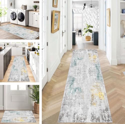 ZUZEKU Läufer Flur Küche Waschbar rutschfest 80X340cm Lang Grau Gelb Grün Küchenteppich Flurteppich Teppich Fur Korridor Wohnzimmer Schlafzimmer Meterware Anpassbar von ZUZEKU