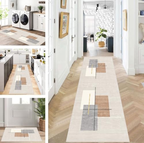 ZUZEKU Läufer Flur Küche Waschbar rutschfest 90X150cm Lang Grau Beige Braun Küchenteppich Flurteppich Teppich Fur Korridor Wohnzimmer Schlafzimmer Meterware Anpassbar von ZUZEKU
