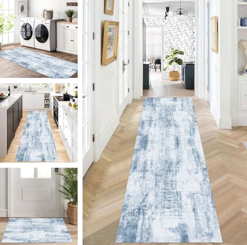 ZUZEKU Läufer Flur Küche Waschbar rutschfest 90X350cm Lang Grau Blau Küchenteppich Flurteppich Teppich Fur Korridor Wohnzimmer Schlafzimmer Meterware Anpassbar von ZUZEKU