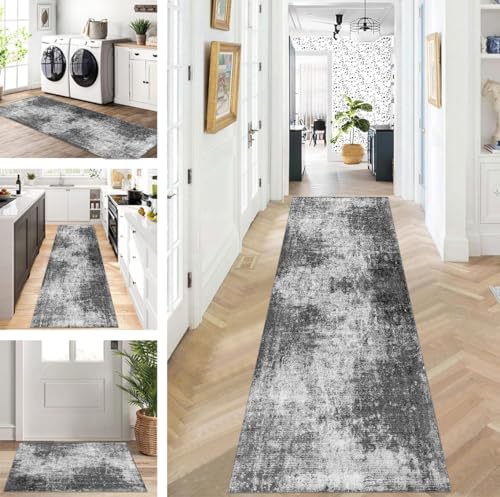 ZUZEKU Läufer Flur Küche Waschbar rutschfest 90X500cm Lang Schwarz Grau Küchenteppich Flurteppich Teppich Fur Korridor Wohnzimmer Schlafzimmer Meterware Anpassbar von ZUZEKU