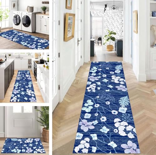 ZUZEKU Läufer Flur Küche Waschbar rutschfest Korridor Teppichmatten 55X150cm Lang Blau Küchenteppich Flurteppich Läufer Schlafzimmer Esszimmer Polyester Teppichläufer Meterware Anpassbar von ZUZEKU